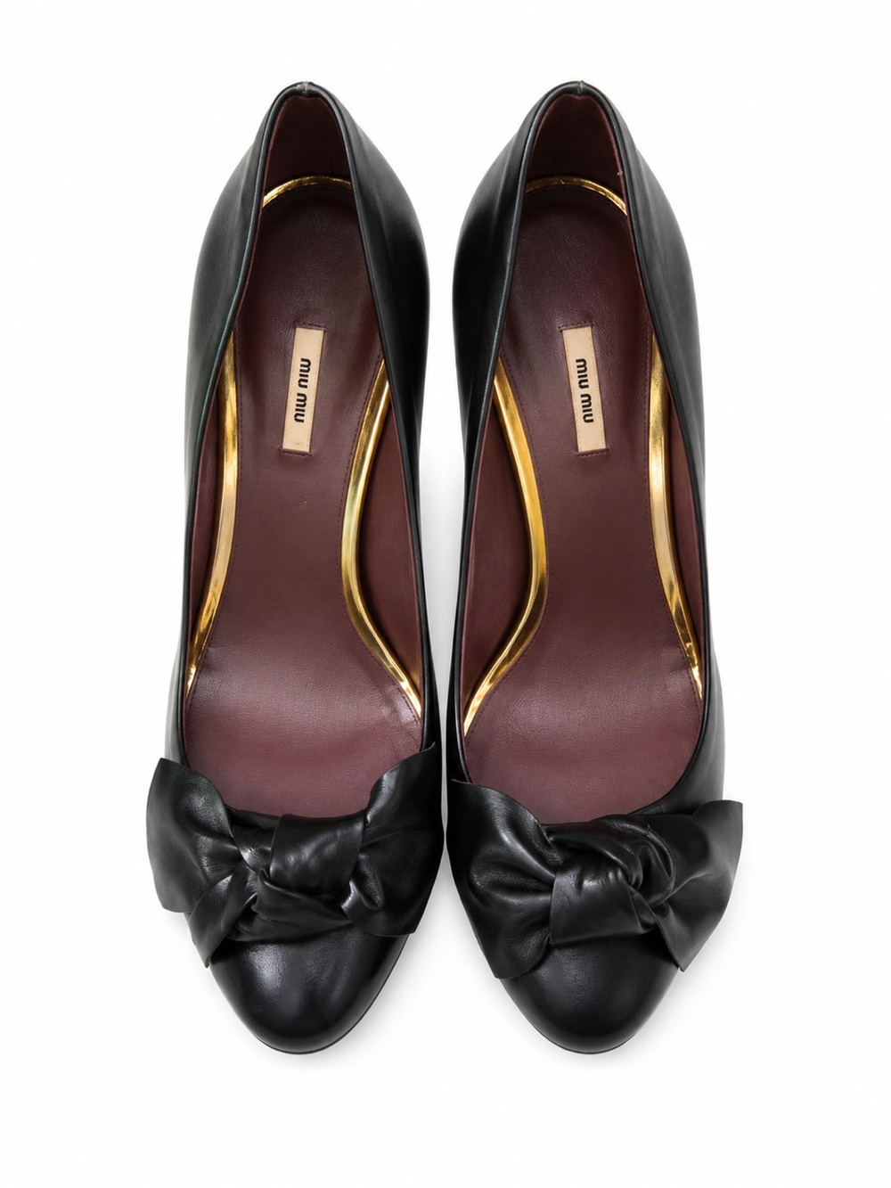 Miu Miu Black Leather Bow Peep-Toe Heels with Gold Trim